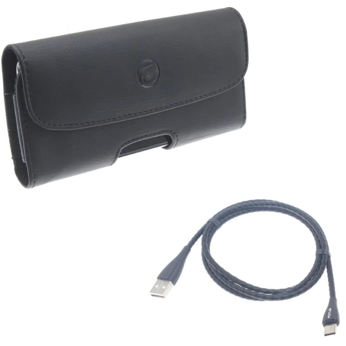 Black Horizontal Leather Case Side wrap w Metal Braided Type-C USB Cable Charger Power Cord 3ft Long USB-C Wire W2M for  Phone 2 -  Galaxy S9 Plus S10 Plus A50 -  Xperia XZ3