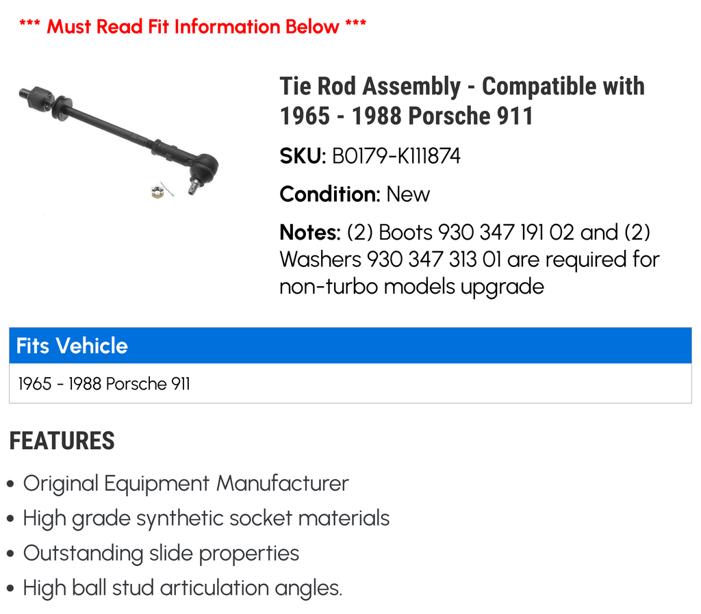Tie Rod Assembly - appropriate with 1965 - 1988 Porsche 911 1966 1967 1968 1969 1970 1971 1972 1973 1974 1975 1976 1977 1978 1979 1980 1981 1982 1983 1984 1985 1986 1987