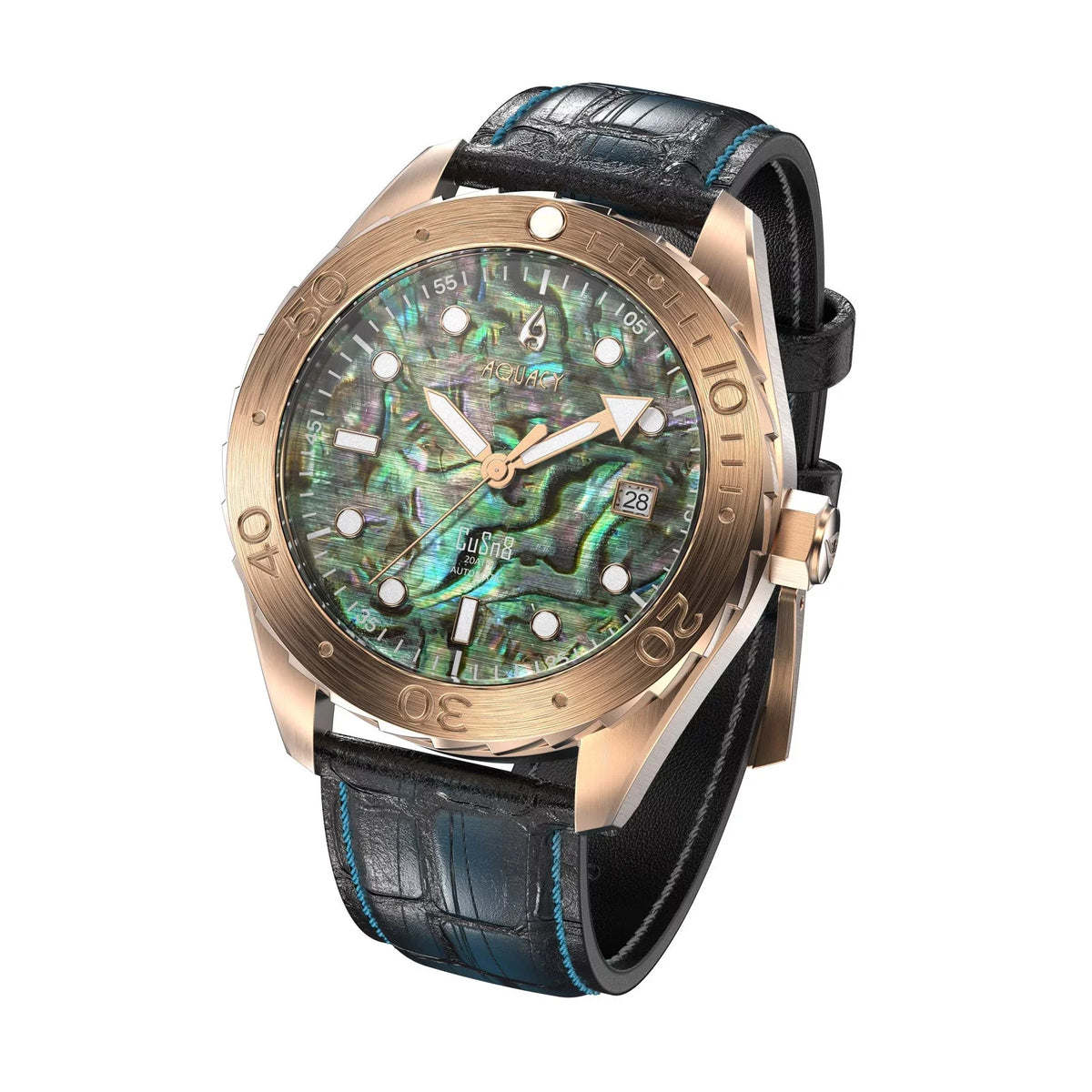 Aquacy Bronze CuSn8 Abalone Automatic Diver Watch BR.AB.8215.L - Screw Down 316L Stainless Case Back - 200M liquid Resistance - 40 Hours Approx Power Reserve Dive Swimming Wrist Watches For Men