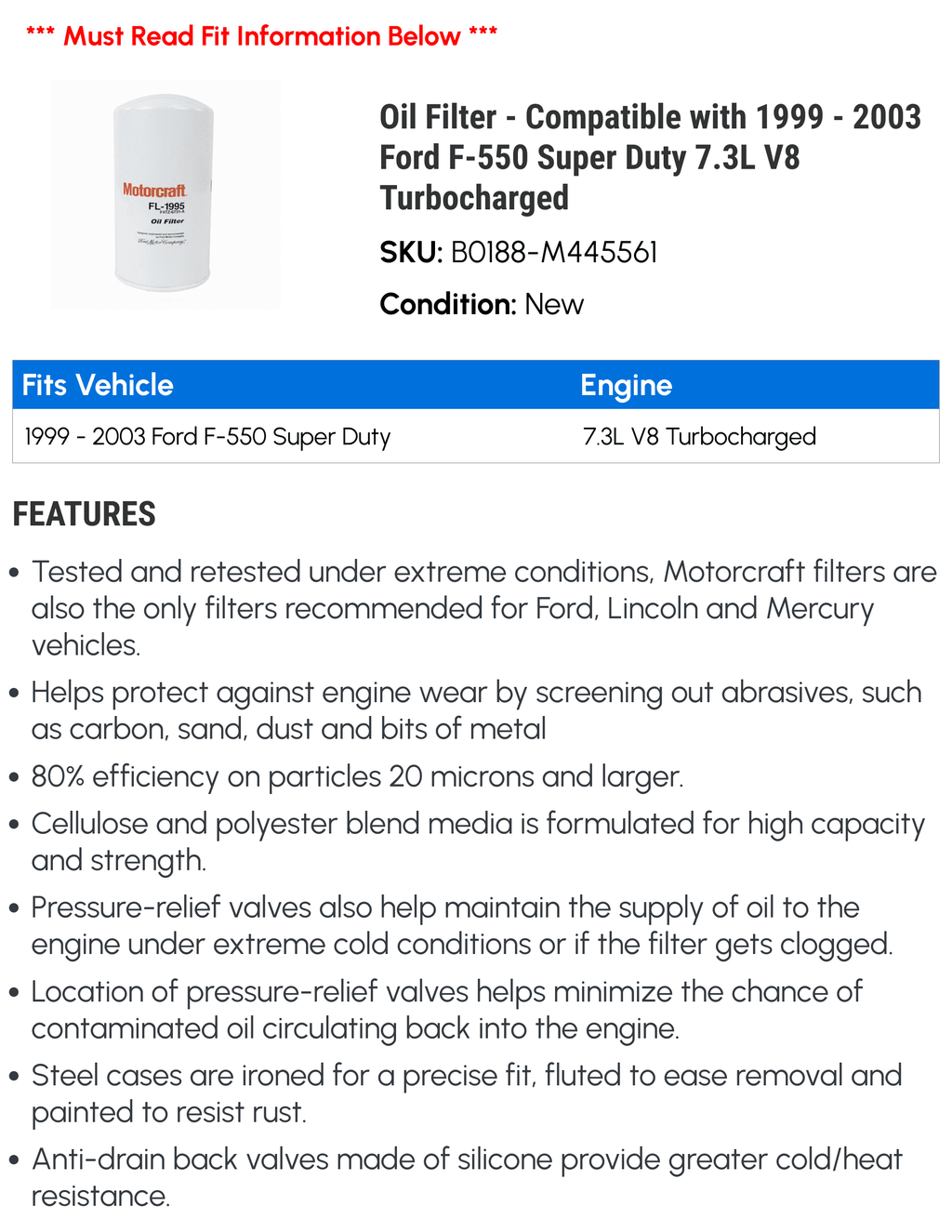 Oil Filter - suitable with 1999 - 2003  F-550 Super Duty 7.3L V8 Turbocharged 2000 2001 2002
