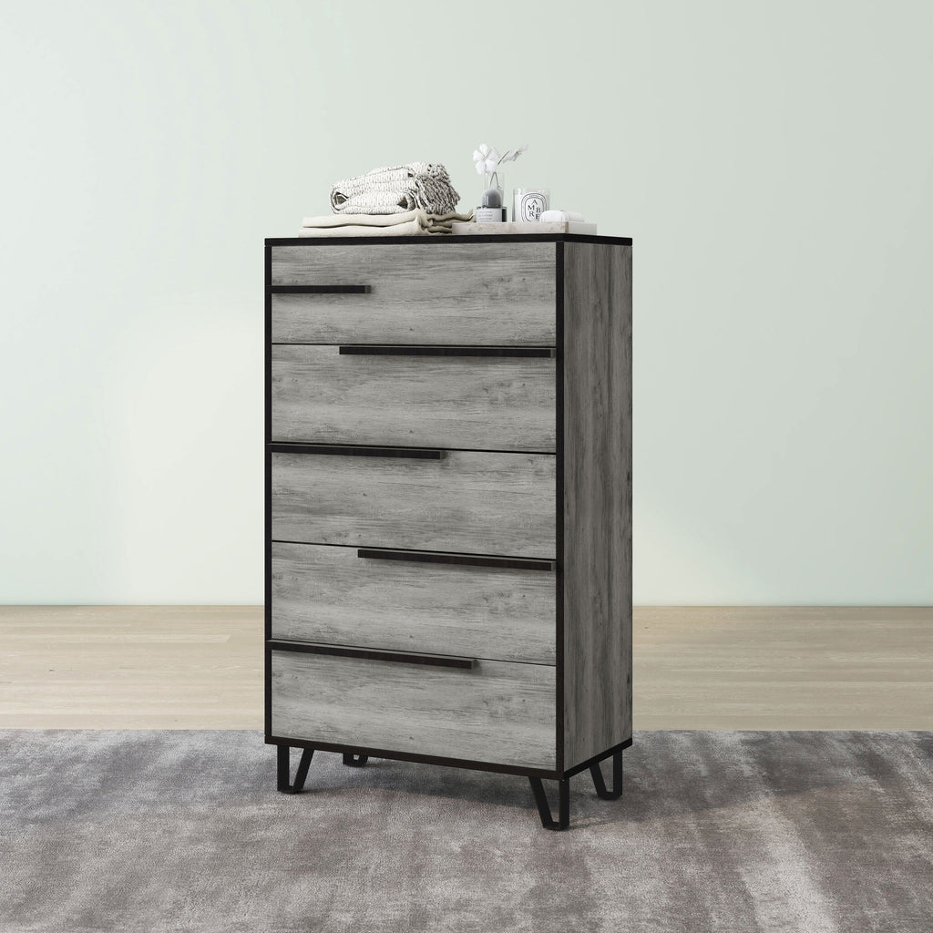 Denhour DH BASIC Modern Vintage Grey Oak 5-Drawer Chest by