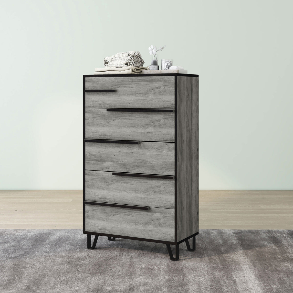 Denhour DH BASIC Modern Vintage Grey Oak 5-Drawer Chest by