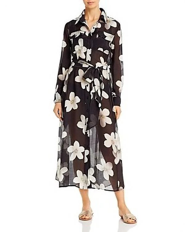 Ralph Lauren BLACK/WHITE Villa Floral Maxi Shirtdress protector-up, US X-Large