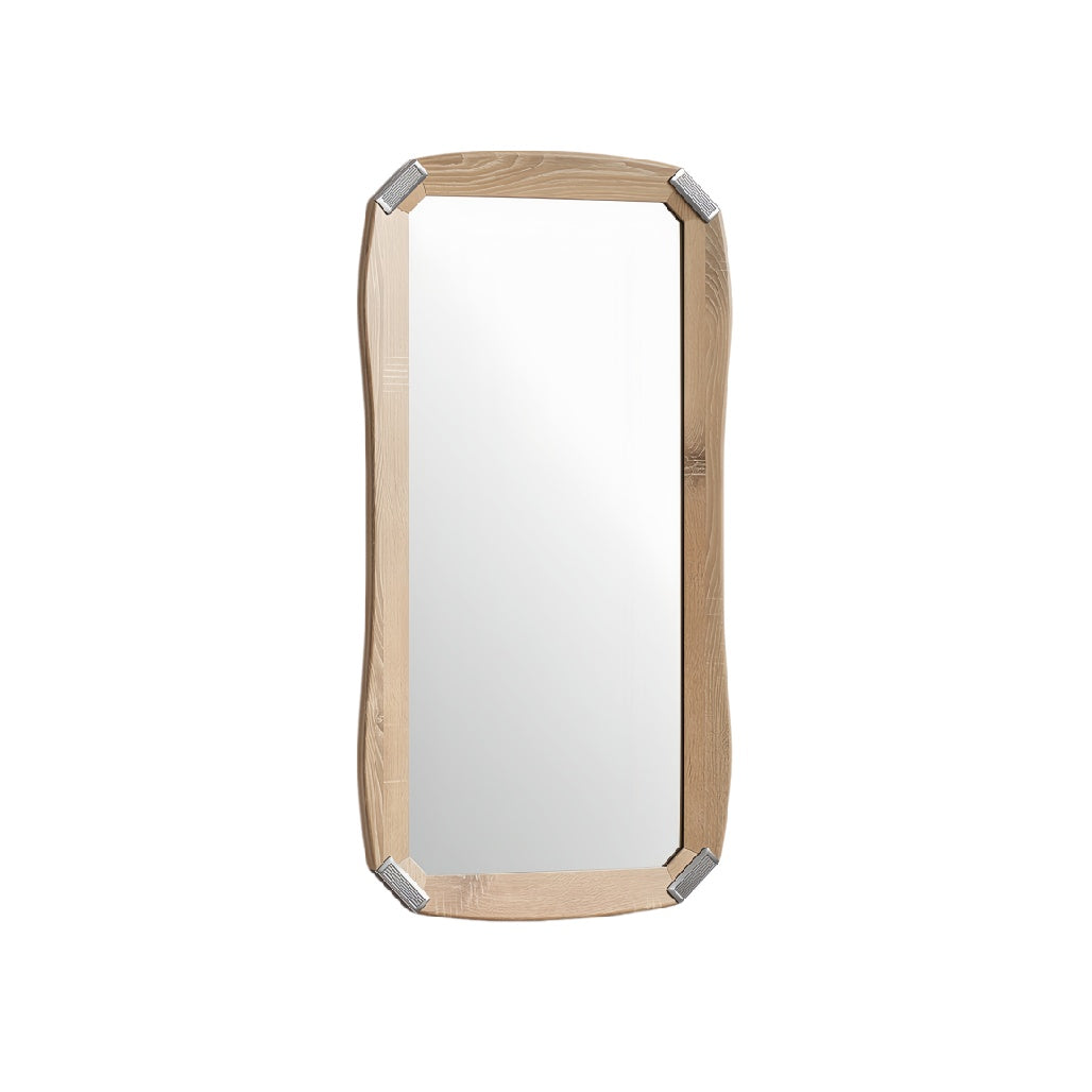 Stylish Rectangular Wall Mirror with Natural Wood Frame and Metal Corners