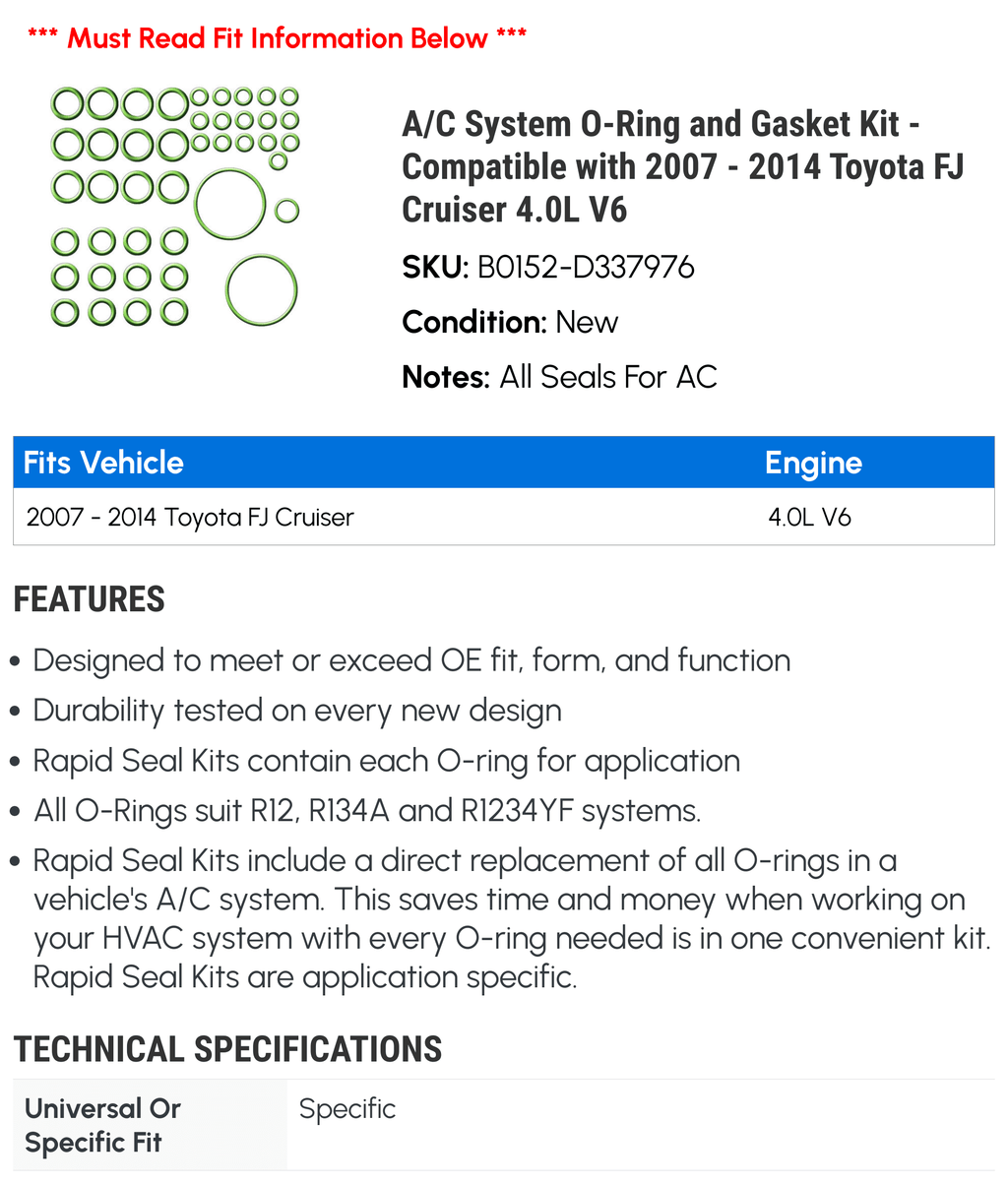A/C System O-Ring and Gasket Kit - appropriate with 2007 - 2014  FJ Cruiser 4.0L V6 2008 2009 2010 2011 2012 2013