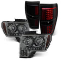 AKKON - Fits 2009-2014  F-150 F150 Dual Halo Projector Smoke Headlights + Black Smoked [C-Light Bar] LED Tail Lamp Combo