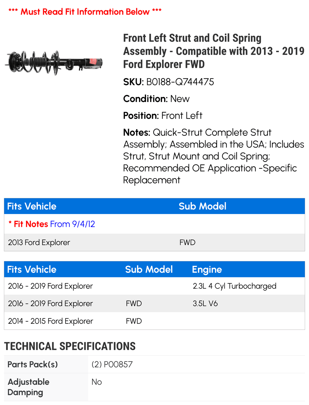 Front Left Strut and Coil Spring Assembly - matching with 2013 - 2019  Explorer FWD 2014 2015 2016 2017 2018