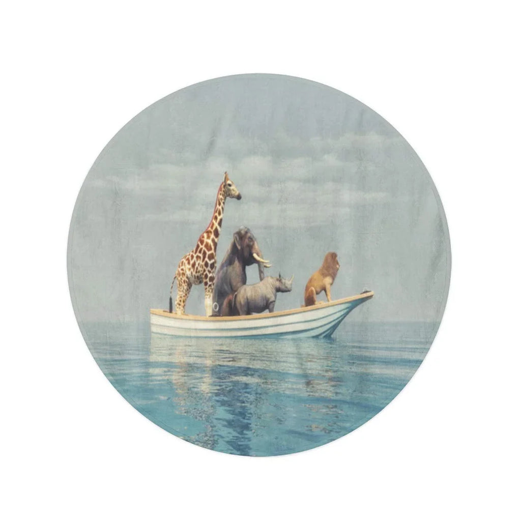 LADDKA 60 inch Round Beach Towel Blanket Wild Lion Rhino Elephant Giraffe Sitting in craft Travel Circle Circular Towels Mat Tapestry Beach Throw
