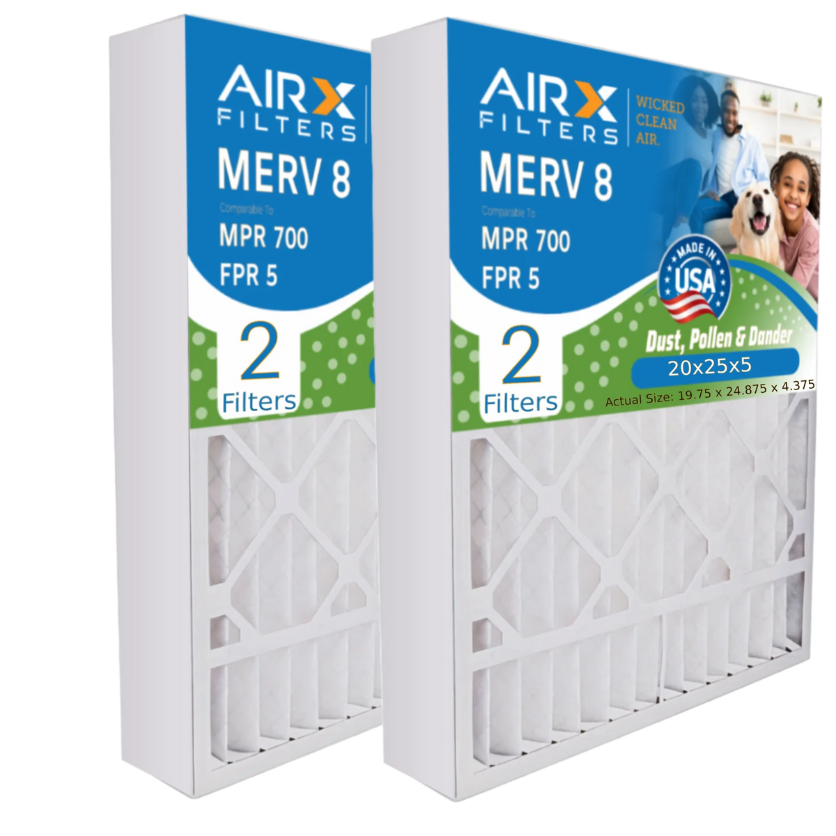 20x25x5 Air Filter MERV 8 Comparable to MPR 700 & FPR 5 suitable with Honeywell FC100A1037 Replacement Filter 2 Pack by AIRX FILTERS WICKED CLEAN AIR.