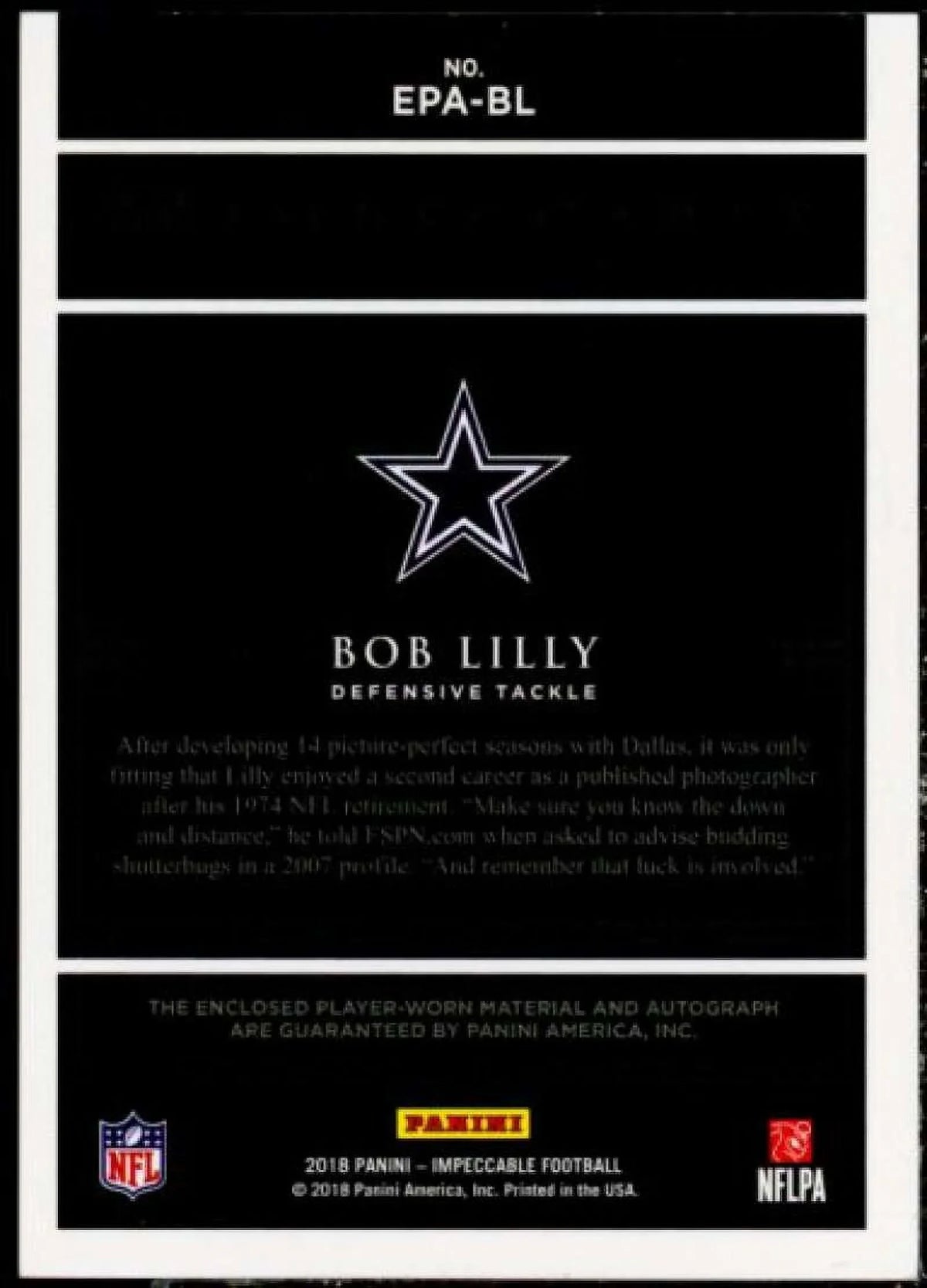 Bob Lilly Card 2018 Panini Impeccable Extravagance Patch Autographs #12
