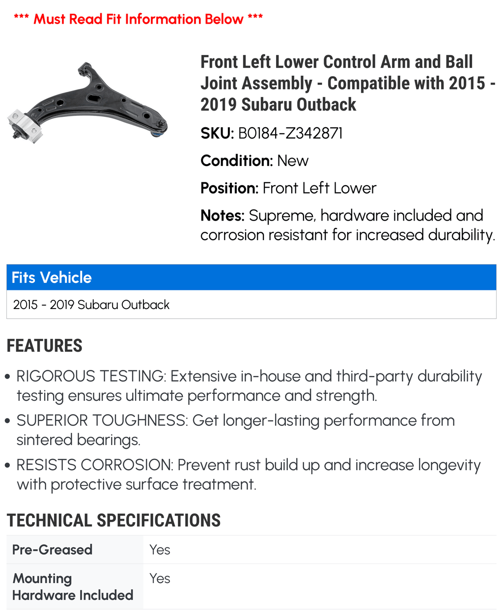 Front Left Lower Control Arm and Ball Joint Assembly - appropriate with 2015 - 2019 Subaru Outback 2016 2017 2018