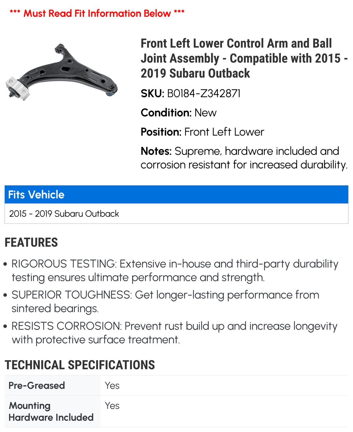 Front Left Lower Control Arm and Ball Joint Assembly - appropriate with 2015 - 2019 Subaru Outback 2016 2017 2018