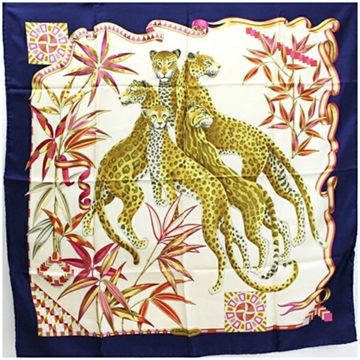 Pre-Owned Salvatore Ferragamo Silk Scarf Muffler Navy x Multicolor Leopard Print Women's (Good)